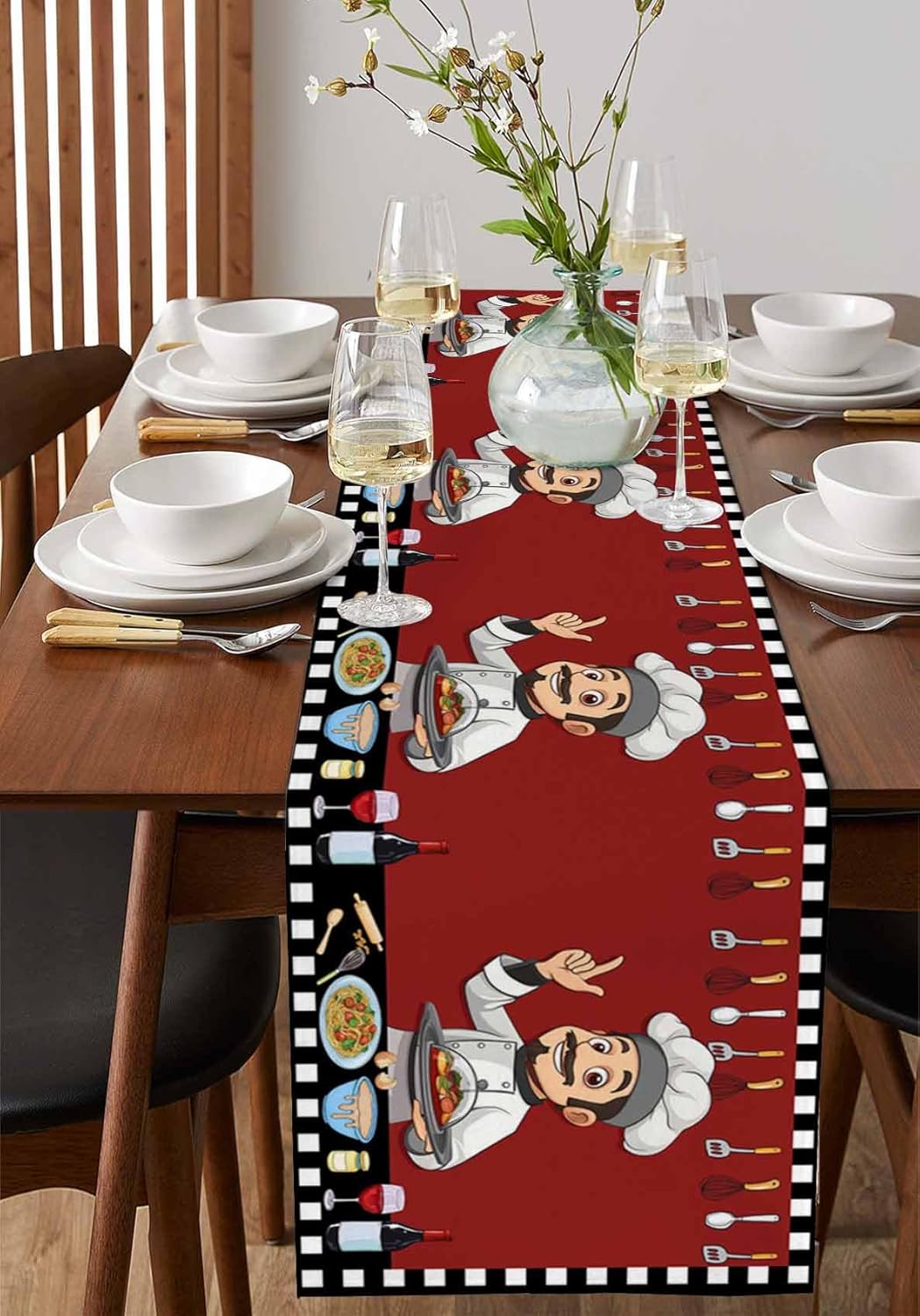 Red Chef Gourmet Cotton Linen Table Runner for Dining Kitchen, Wedding Outdoor Party Tablerunners Decoration, Black White Check Plaid Funny Kitchen Dresser Scarf Coffee Tablecloth Runners 13''x108''