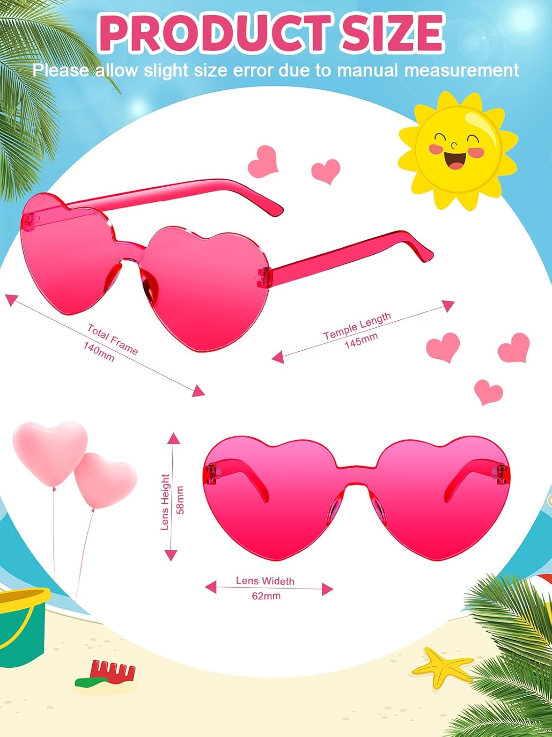 12 Pairs Heart Shaped Sunglasses for Women Colorful Glasses Fun Trendy Transparent Heart Sunglasses Party Favor (Hot Pink)