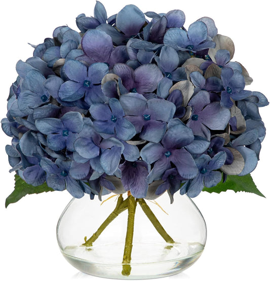 Hollyone Blue Hydrangea Fall Flowers Artificial for Decoration with Glass Vase Autumn Silk Faux Flower Arrangements with Fake Water Table Centerpiece Vase with Flowers Fall Decorations for Home