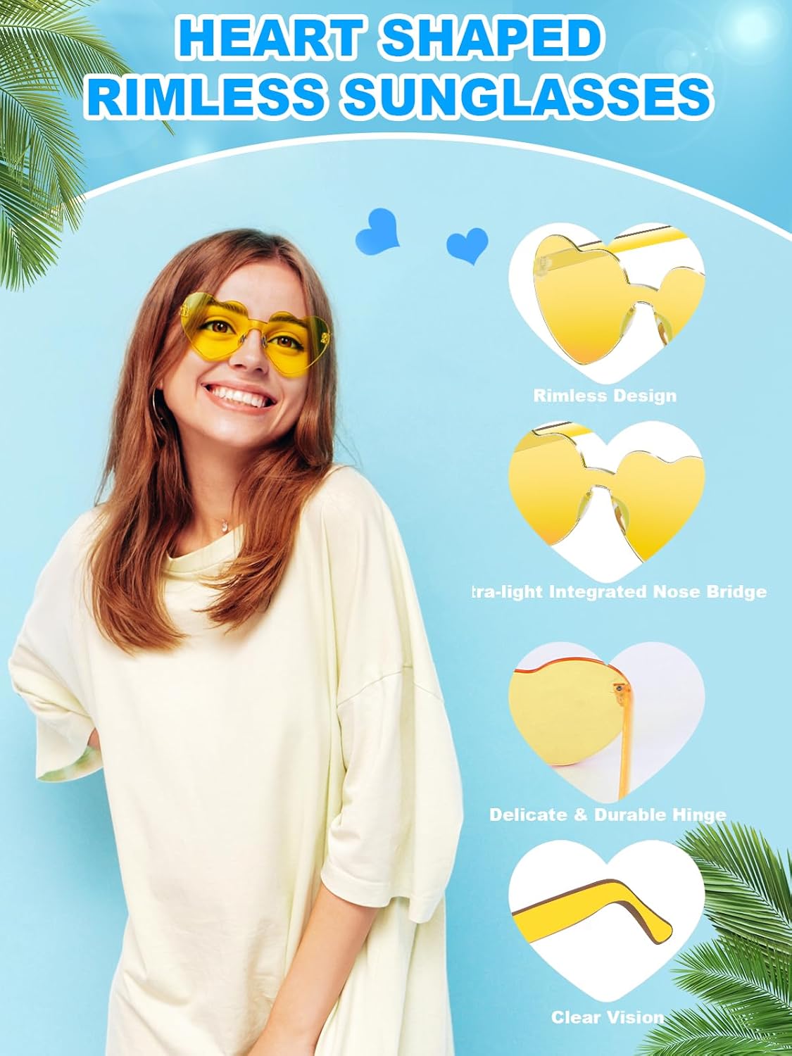 12 Pairs Heart Shaped Sunglasses for Women Colorful Glasses Fun Trendy Transparent Heart Sunglasses Party Favor (1 Pair-Transparent Yellow)