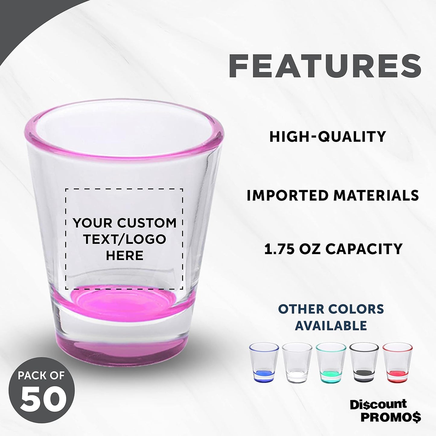 Custom Shot Glasses 1.75 oz. Set of 50, Personalized Bulk Pack - Great for Wedding Favors, Bachelorette Party Decorations, Party Fovors, Color Bottom - Pink