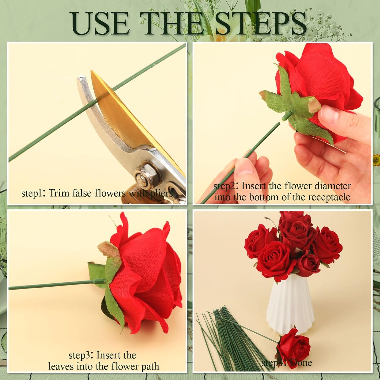 300pcs Artificial Flower Stems, 6.7in、8in、10in Plastic Green Floral Wire Stems for Artificial Flower Making, DIY Crafts Bouquet Stem Arrangements Decor Supplies