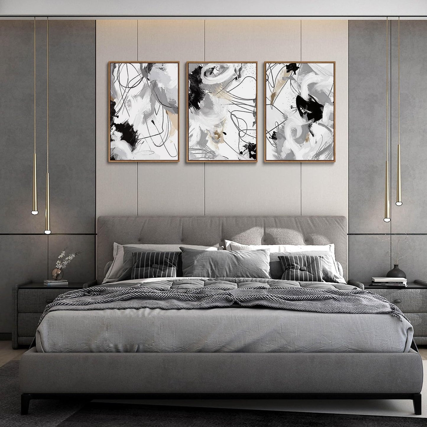 myusuar 3 Piece Large Modern Abstract Canvas Framed Wall Art For Living Room, Black And White Lines Minimalist Wall Art Decor Posters Prints For Bedroom Office, 24x36in