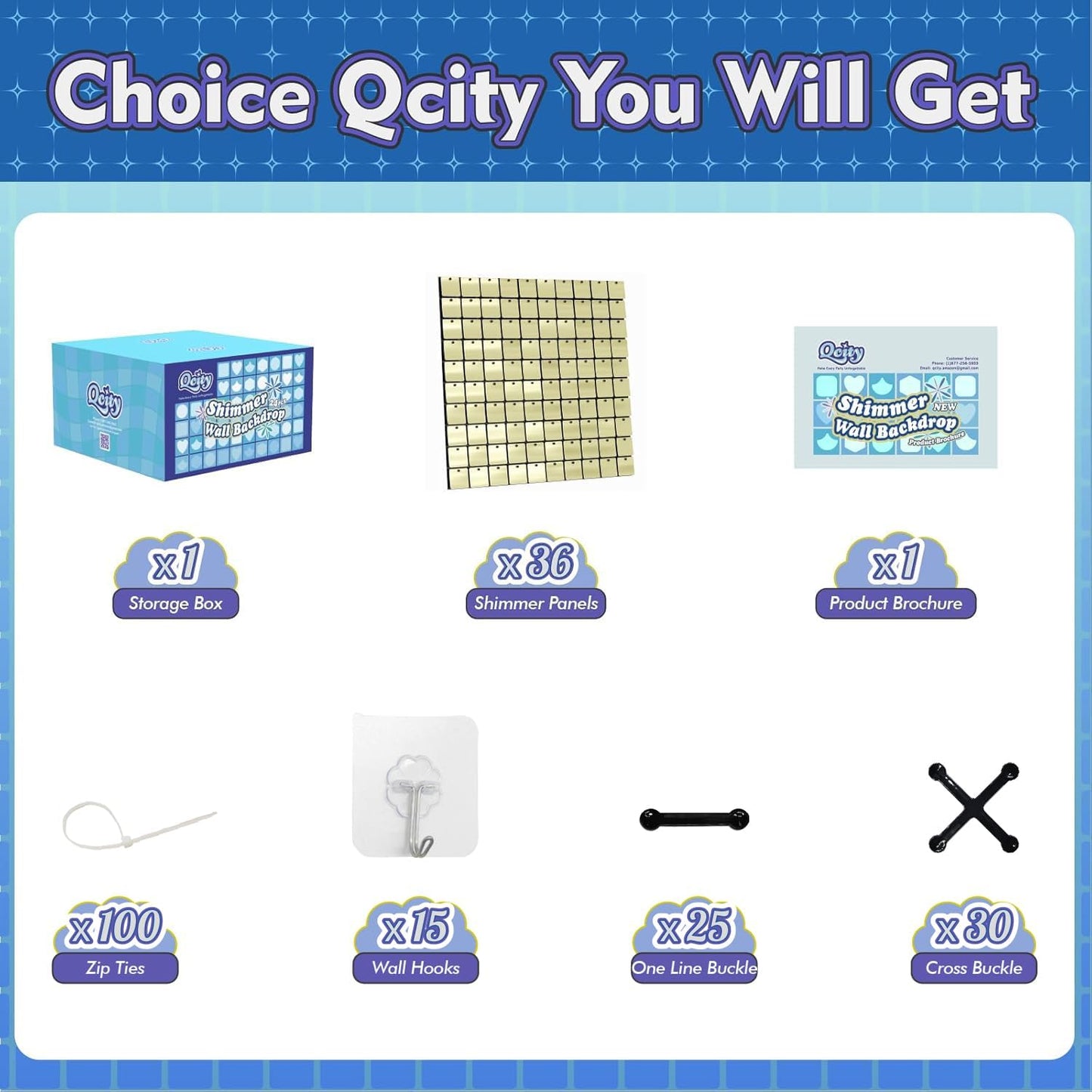 Qcity Light Gold Shimmer Wall Backdrop 36PCS, Black Back Not See-Through Design, Square Sequin Glitter Backdrop Panel, Perfect for Outdoor Events, Birthdays, Wedding and Party Decoration