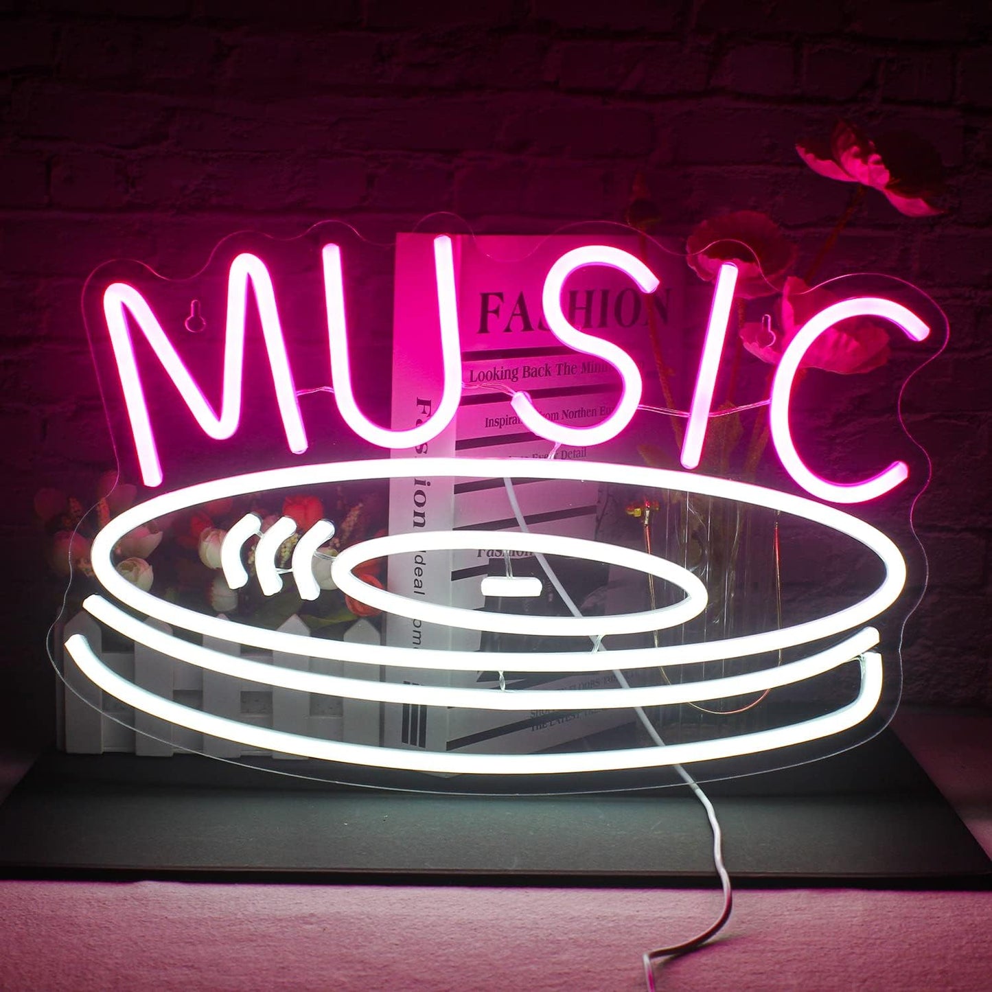 Music Record Neon Sign Pink White Led Neon Light Signs for Wall Decor Usb Light Up Signs for Bedroom Studio Music Live Record Store Kids Room Party Decoration