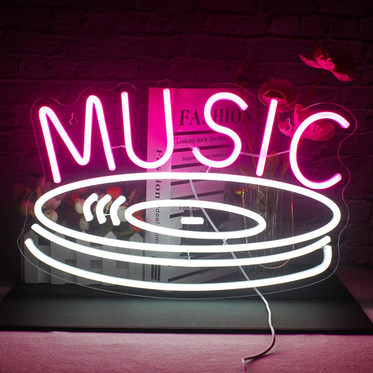 Music Record Neon Sign Pink White Led Neon Light Signs for Wall Decor Usb Light Up Signs for Bedroom Studio Music Live Record Store Kids Room Party Decoration