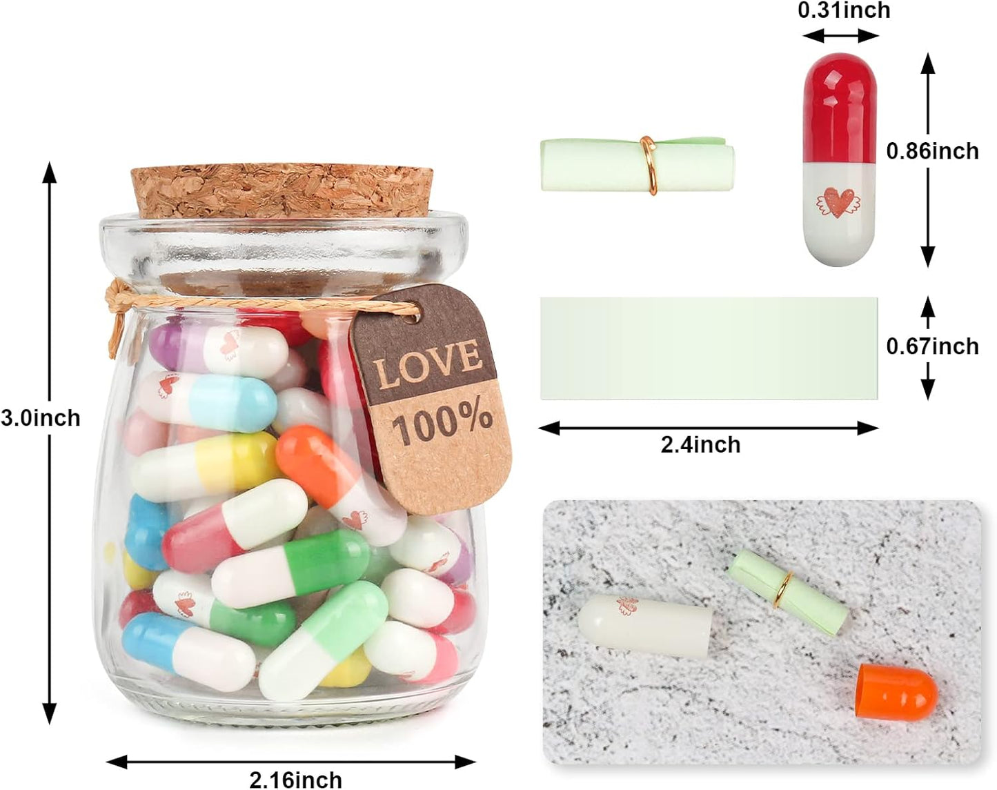 Capsule Letters Message in a Glass Bottle for Valentine's Day, Birthday,Thanksgiving, Christmas,Long Distance Relationship Gift for Boyfriend,Girlfriend. (Heart with wings 60PCS)