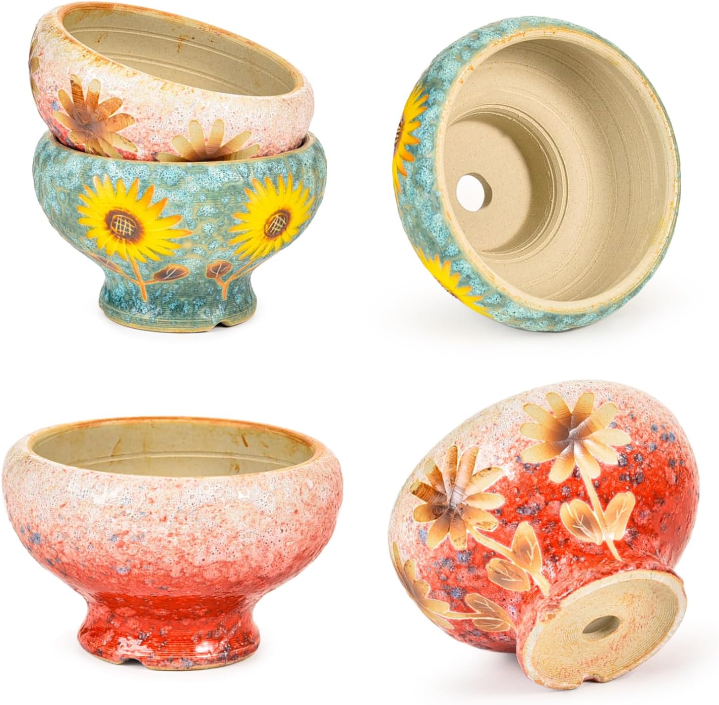 Sungmor Small Succulent Planters Set of 2, Beautiful Hand Crafted Ceramic Plant Pots Cute Cactus Pot, 6.5 Inch Flower Pots for Indoor Plants with Drainage, Desktop Windowsill Home Office Decor Pots