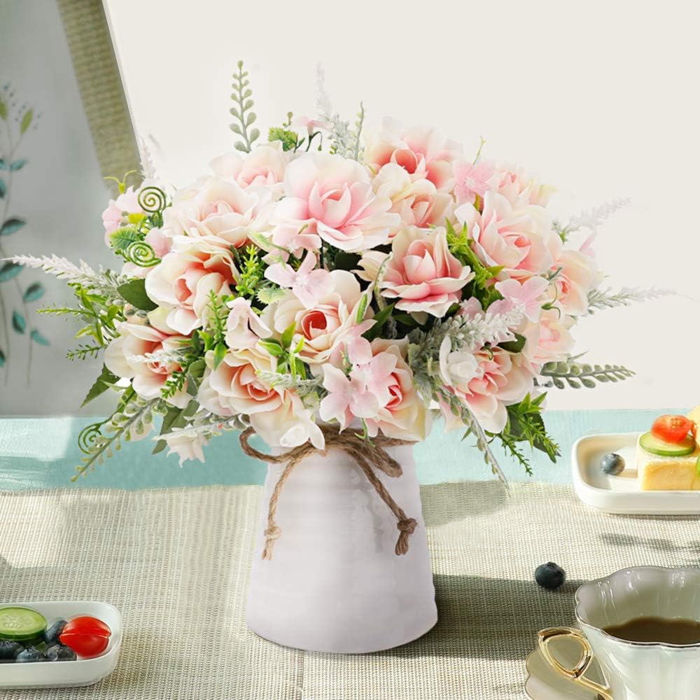 LESING Artificial Flowers with Vase for Table Centerpieces,Fake Silk Gardenia Flower in Vase Decoration for Home Office Party (Pink)