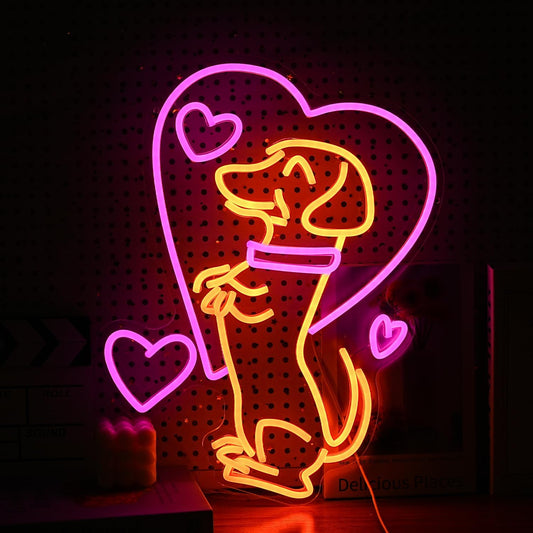 Love Dog Neon Sign USB Powered Pink Love Neon Light for Wall Decor Dimmable LED Cute Puppy Light Up Sign for Pet Shop Bedroom Animal Party Neon Decor Gift for Boys Girls(16.7 * 12.8In)