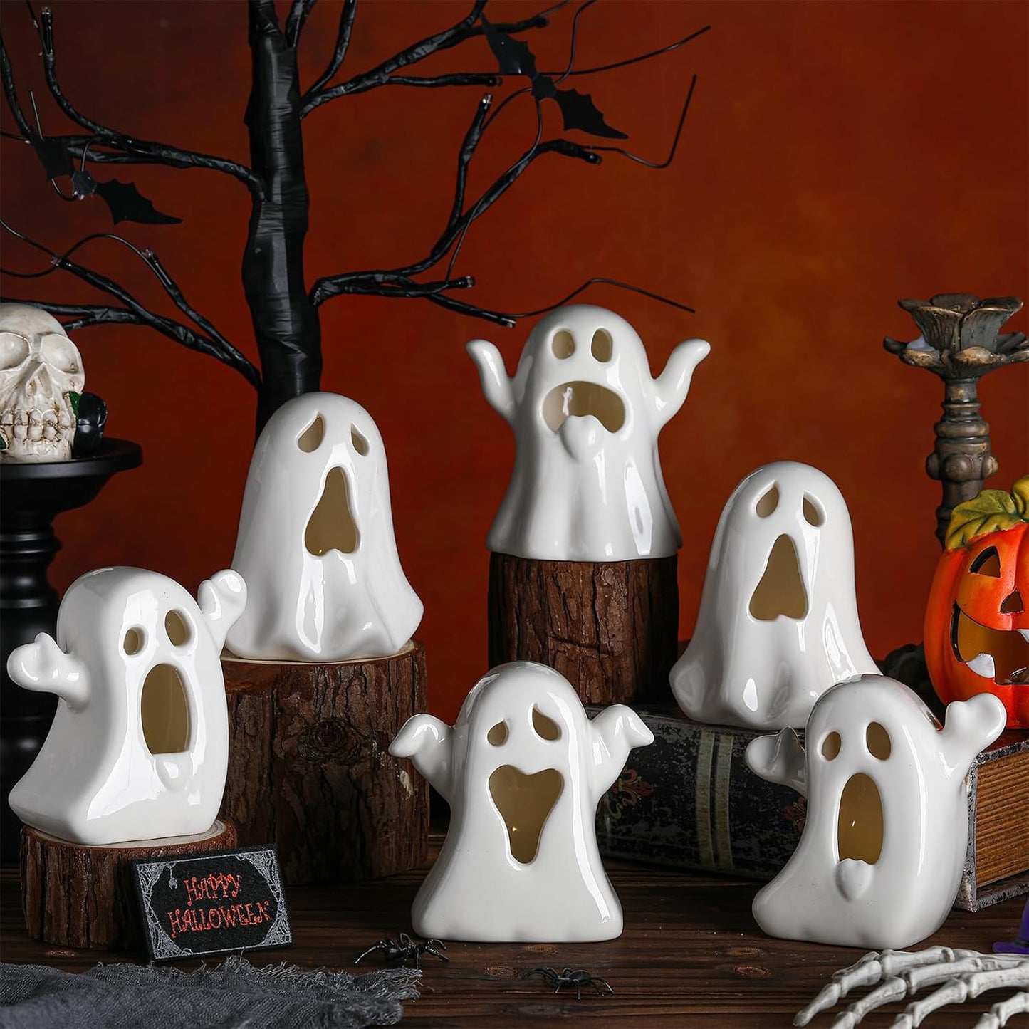 Wesiti 6 Pcs Ceramic Ghost Light up Halloween Decorations Indoor Small White Ghost Figurines Gothic Home Decor Spooky Statue Gift for Desk Tabletop Centerpieces Party Props