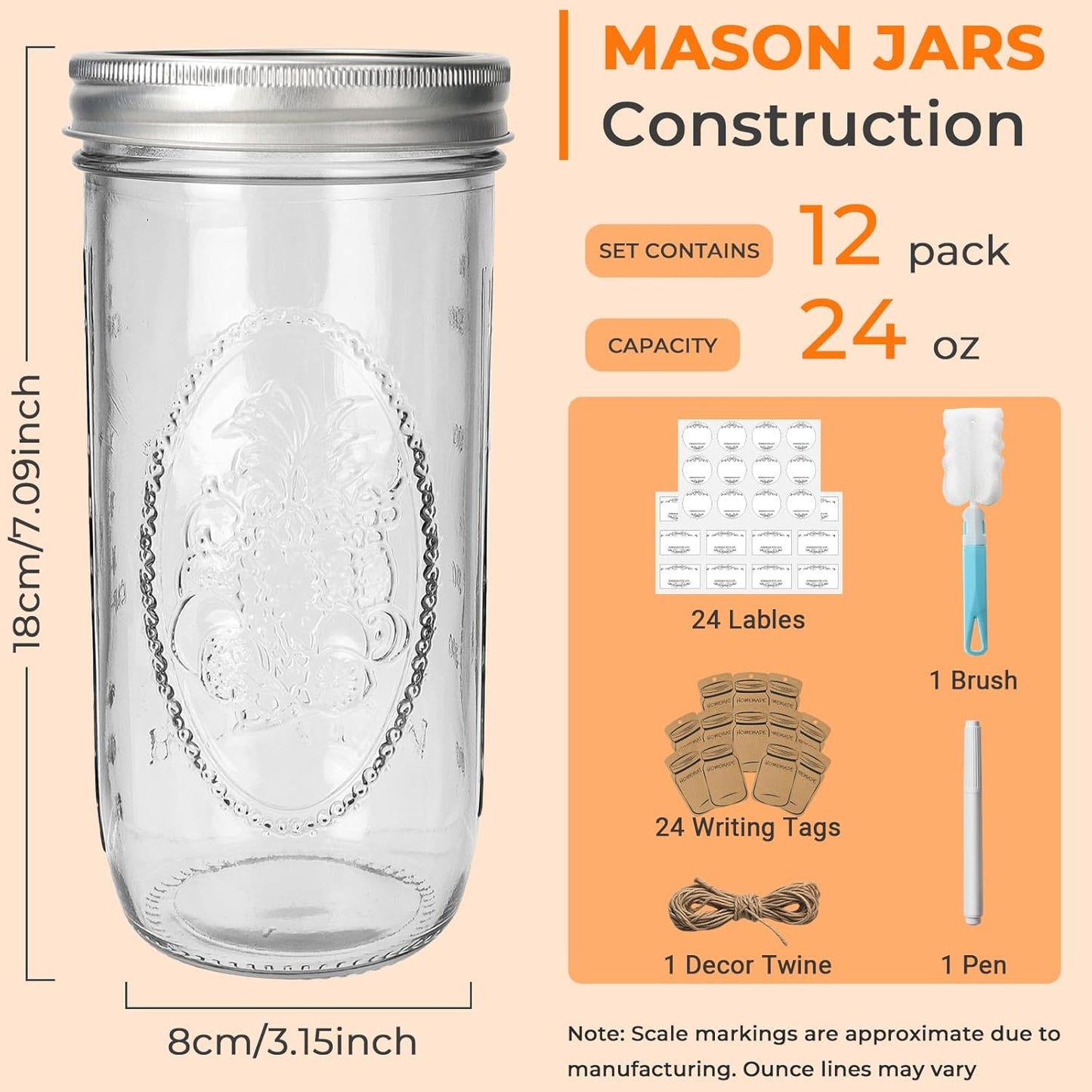CycleMore 24 oz Wide Mouth Mason Jars, Canning Jars with Metal Airtight Lids and Bands, 12 Pack Glass Storage Jars for Fermenting, Pickling, Meal Prep, Overnight Oats, Jam, Jelly & DIY