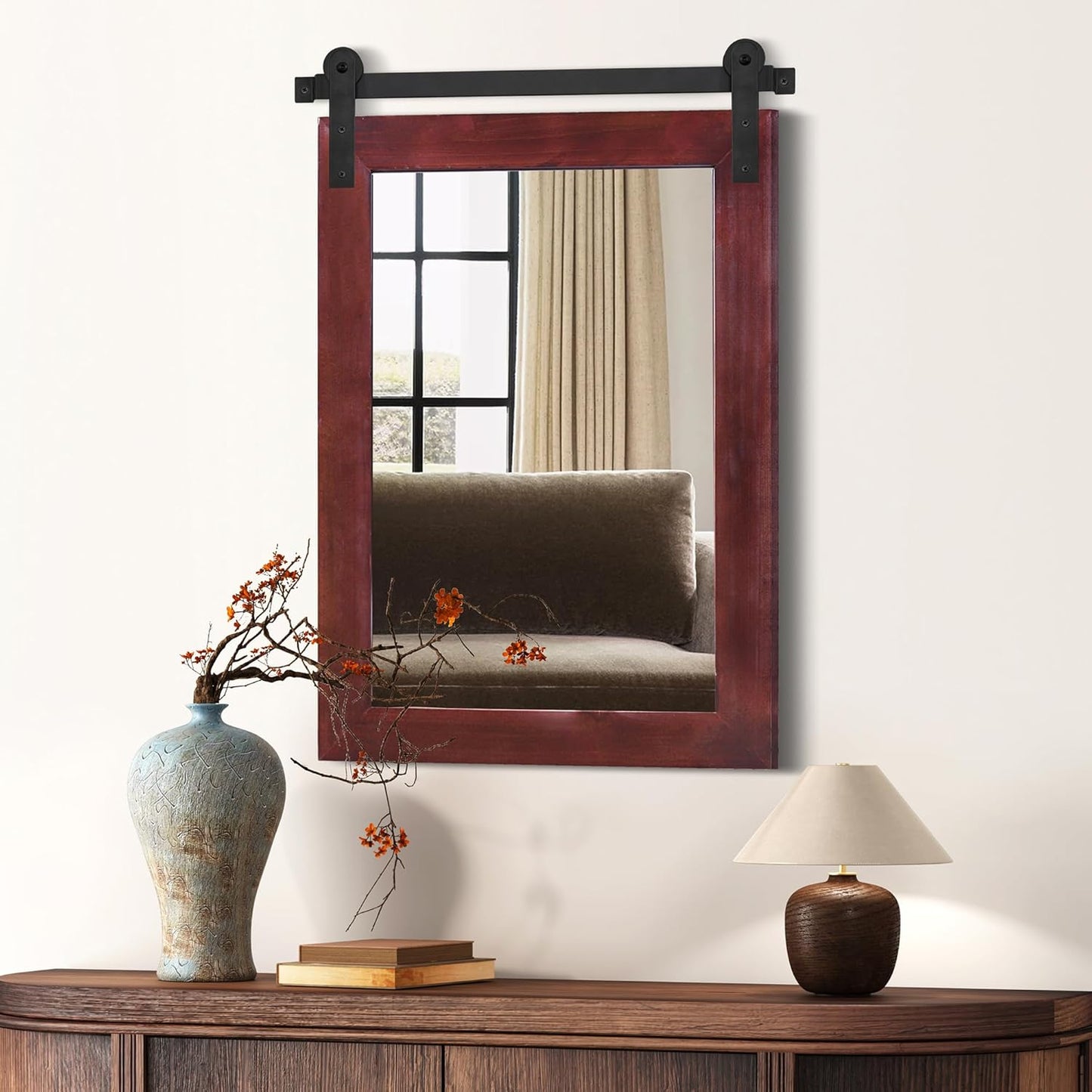 COGOOD Farmhouse Barn Door Mirror - 21 x 30 Rustic Wood Framed Wall Mirror for Bathroom, Living Room, Entryway Wall Decor (Espresso)