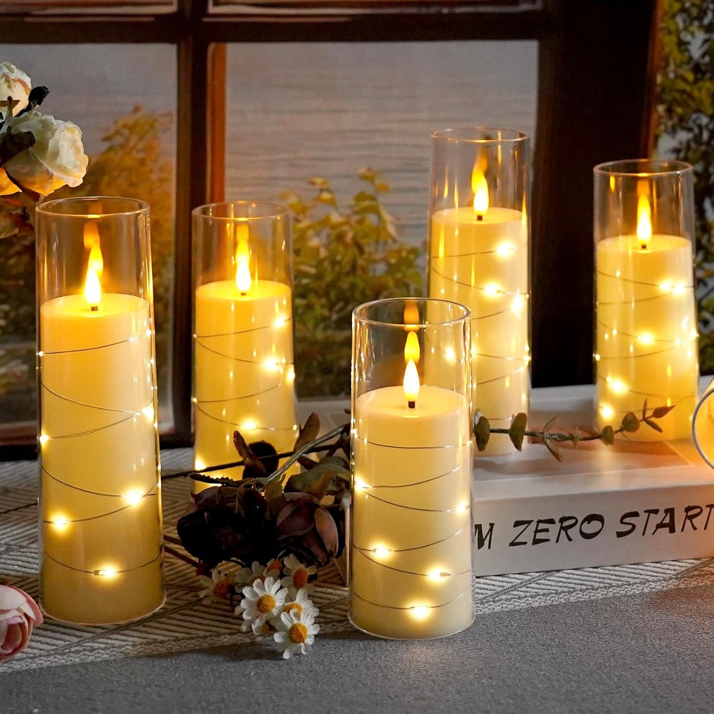 Flameless LED Candles with Timer 9 Pc Flickering Flameless Candles for Romantic Ambiance and Home Decoration Stable Acrylic Shell,with Embedded Star String，Battery Operated Candles（Ivory）