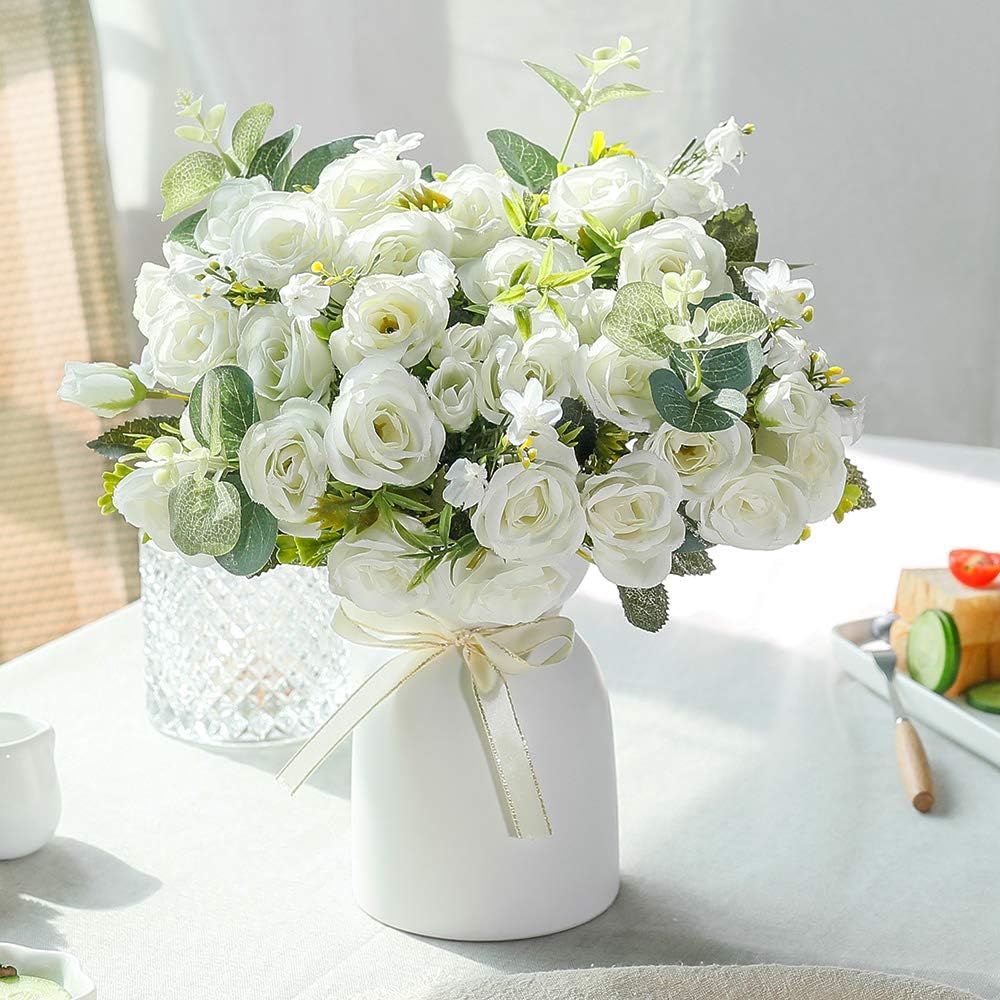 LESING Artificial Silk Rose with Vase Fake Flowers Wedding Flowers Bouquets Arrangement Home Office Party Centerpiece Table Decoration (White)