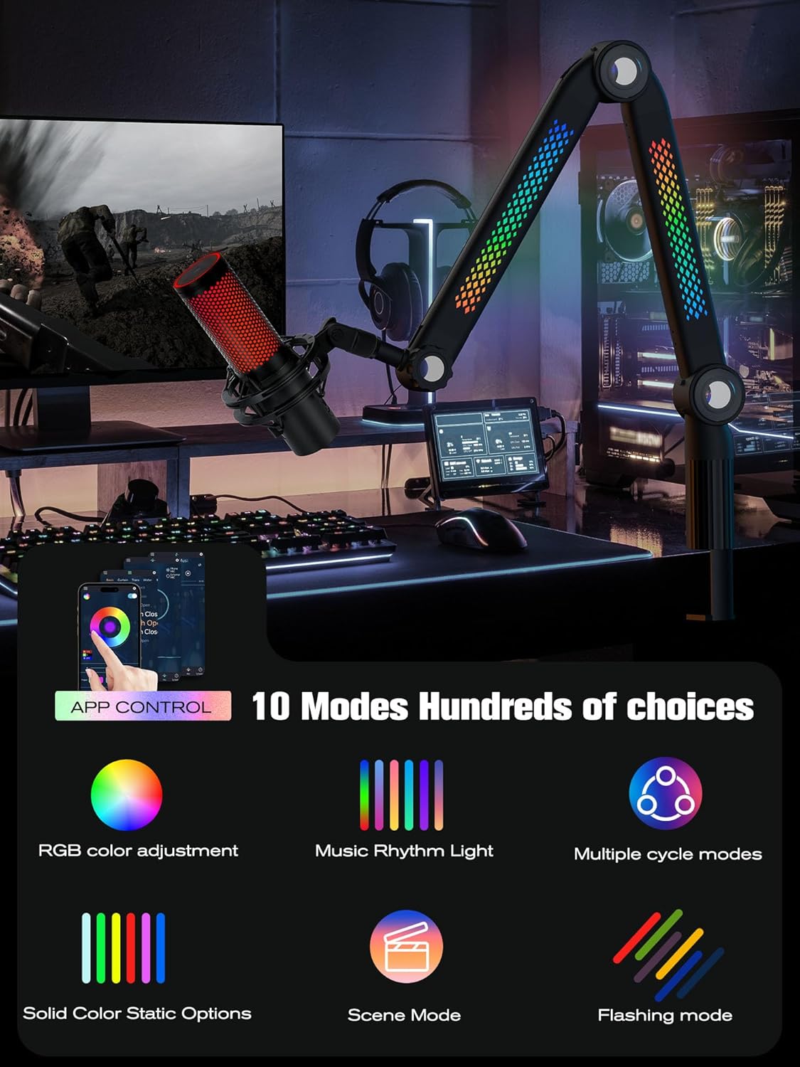 SUNMON RGB Mic Arm – Adjustable Boom Arm with Rhythm RGB Lighting for Blue Yeti, HyperX QuadCast, Rode, Fifine AM8, and More – Perfect for Podcasting, Streaming, and Gaming