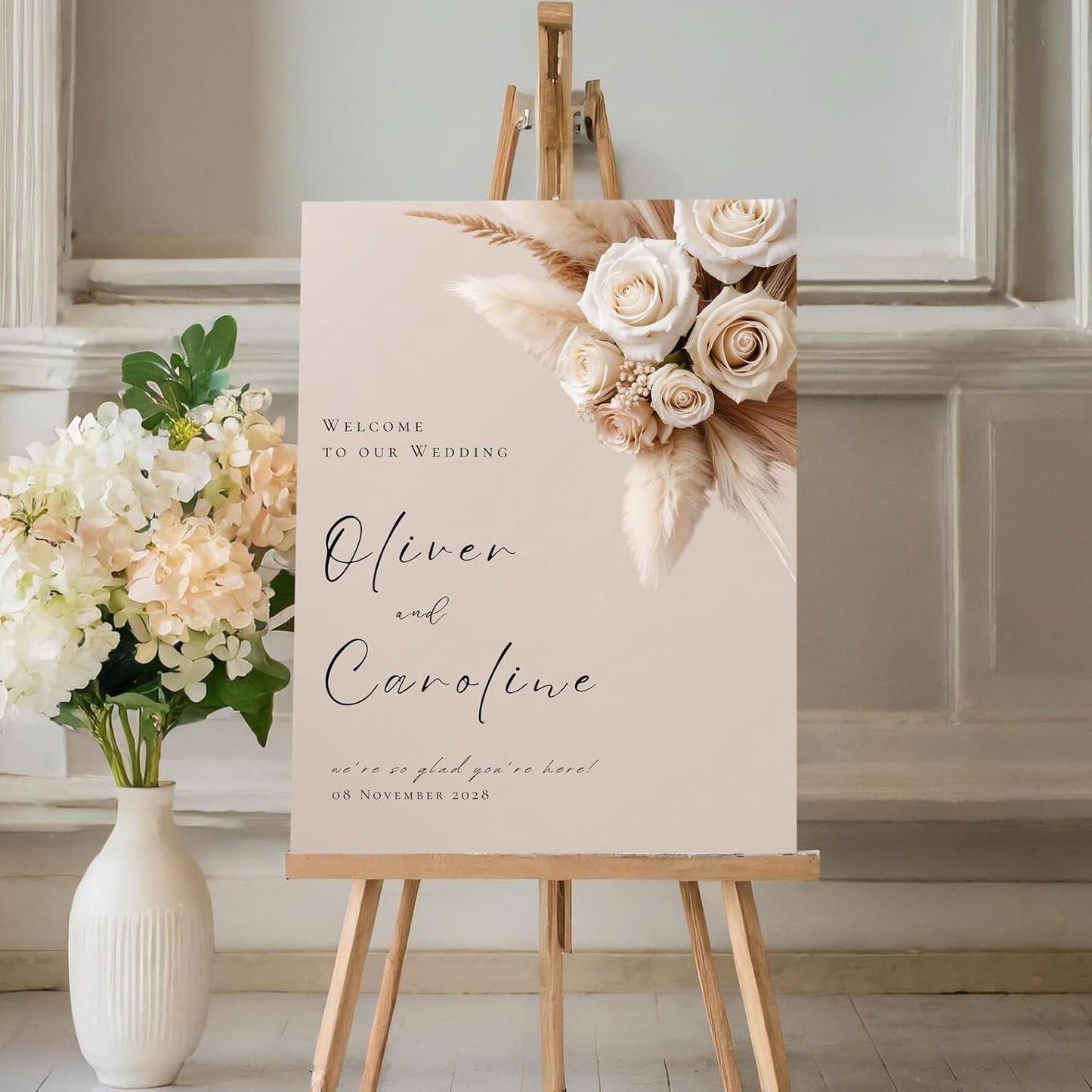 Welcome Wedding Signs, Elegant White Cream Beige Wedding Sign Decorations Signage 12" X 18" (Small), 27" (Medium), 36" (Large), Plastic, Modern, Pole Mount, Weather