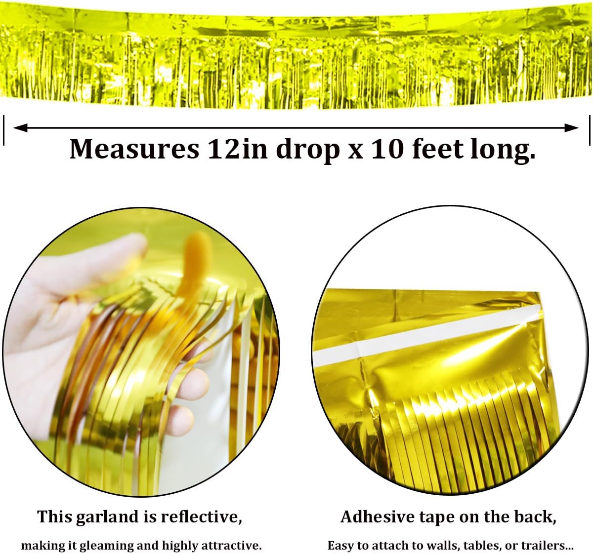 6 Pack Gold Total 60 Feet Foil Fringe Garland Metallic Tinsel Banner Wall Hanging Drapes Parade Float Skirting Decorations for Trailer Mardi Gras Party Birthday Wedding (Gold)