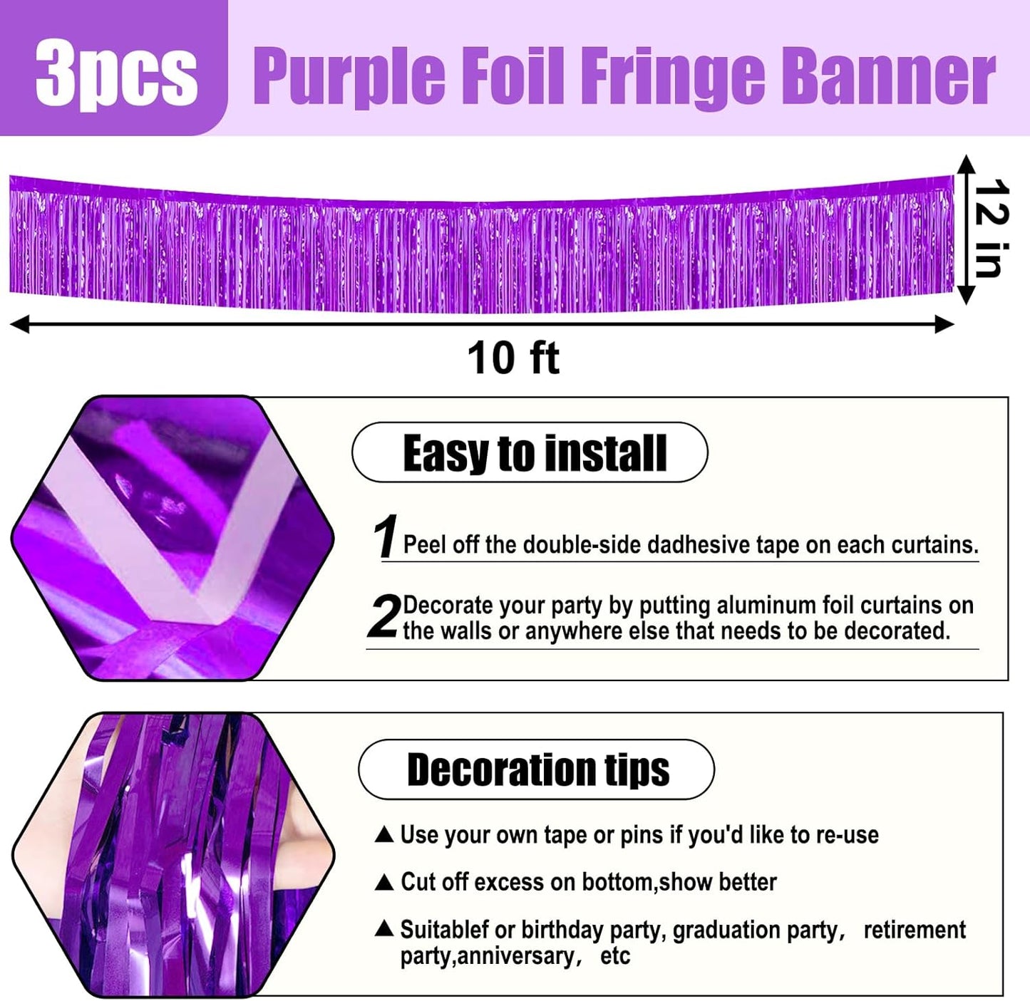 3 Pack 10 Feet Purple Foil Fringe Garland Metallic Tinsel Streamers Banner Wall Hanging Curtain Backdrop for Parade Floats, Christmas Day, Valentine's Day, Thanksgiving, Birthday Party Decorations