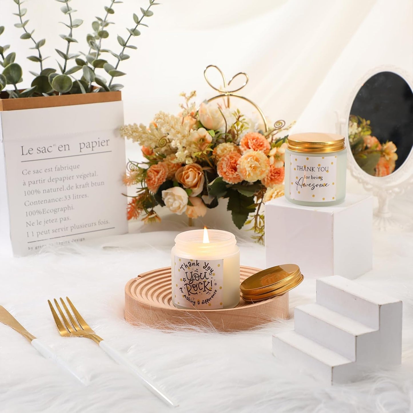 Roowest 10 Jars Thank You Gift Candles 3.5 oz Employee Appreciation Gifts Bulk Soy Wax Jar Inspirational Candle Thank You for Coworkers Employee Women Teacher Volunteers(White,Polka Dot Style)