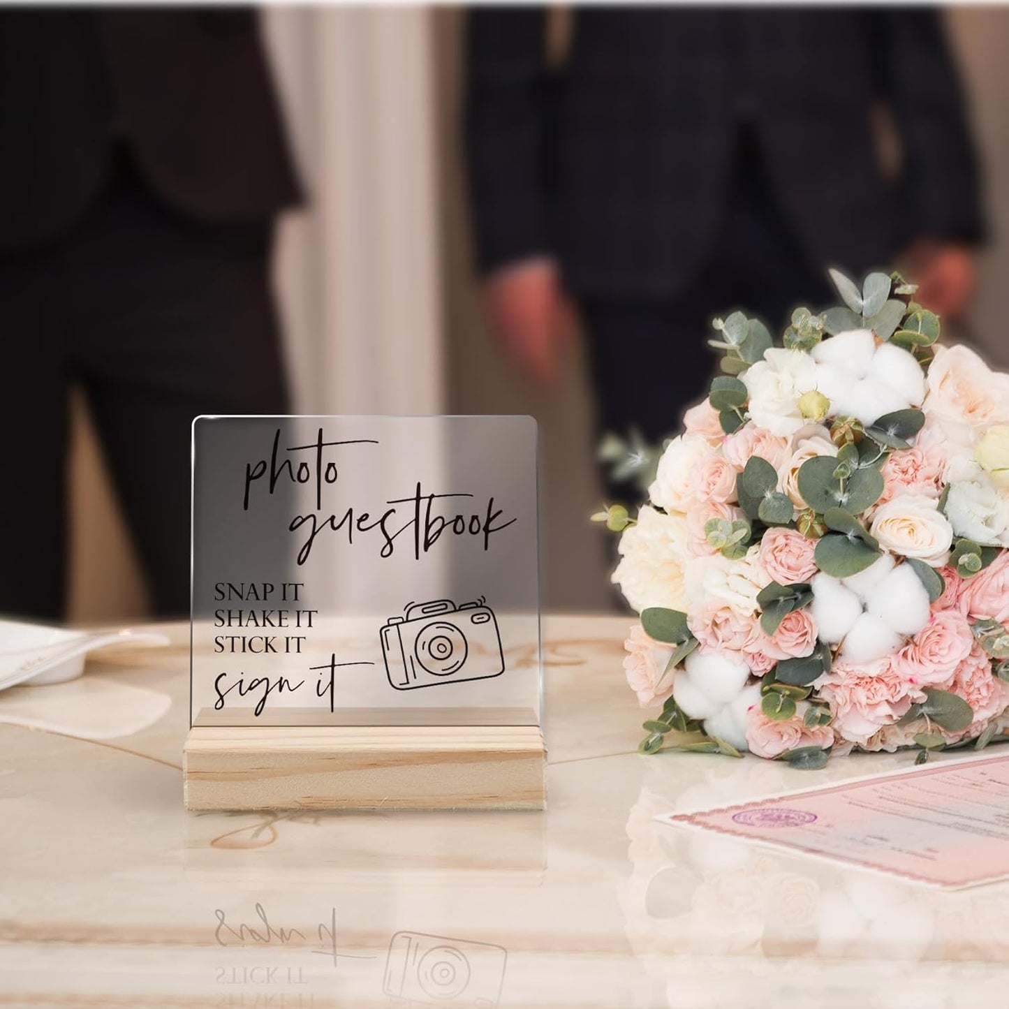 Wedding Guest Book Desk Decor, Acrylic Wedding Signs, Guest Book WeddingReception, WeddingDecor, Photo GuestBook Acrylic Plaque Sign with Wood Stand for WeddingReception Table Decor