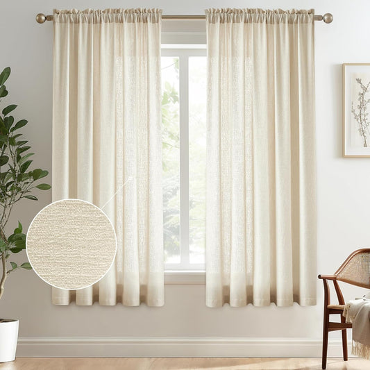 Melodieux Beige Semi Sheer Curtains 63 Inch Length for Bedroom Living Room, Farmhouse Linen Texture Light Filtering Home Office Shiny Sheer Drapes Rod Pocket, 52" W x 63" L, 2 Panels