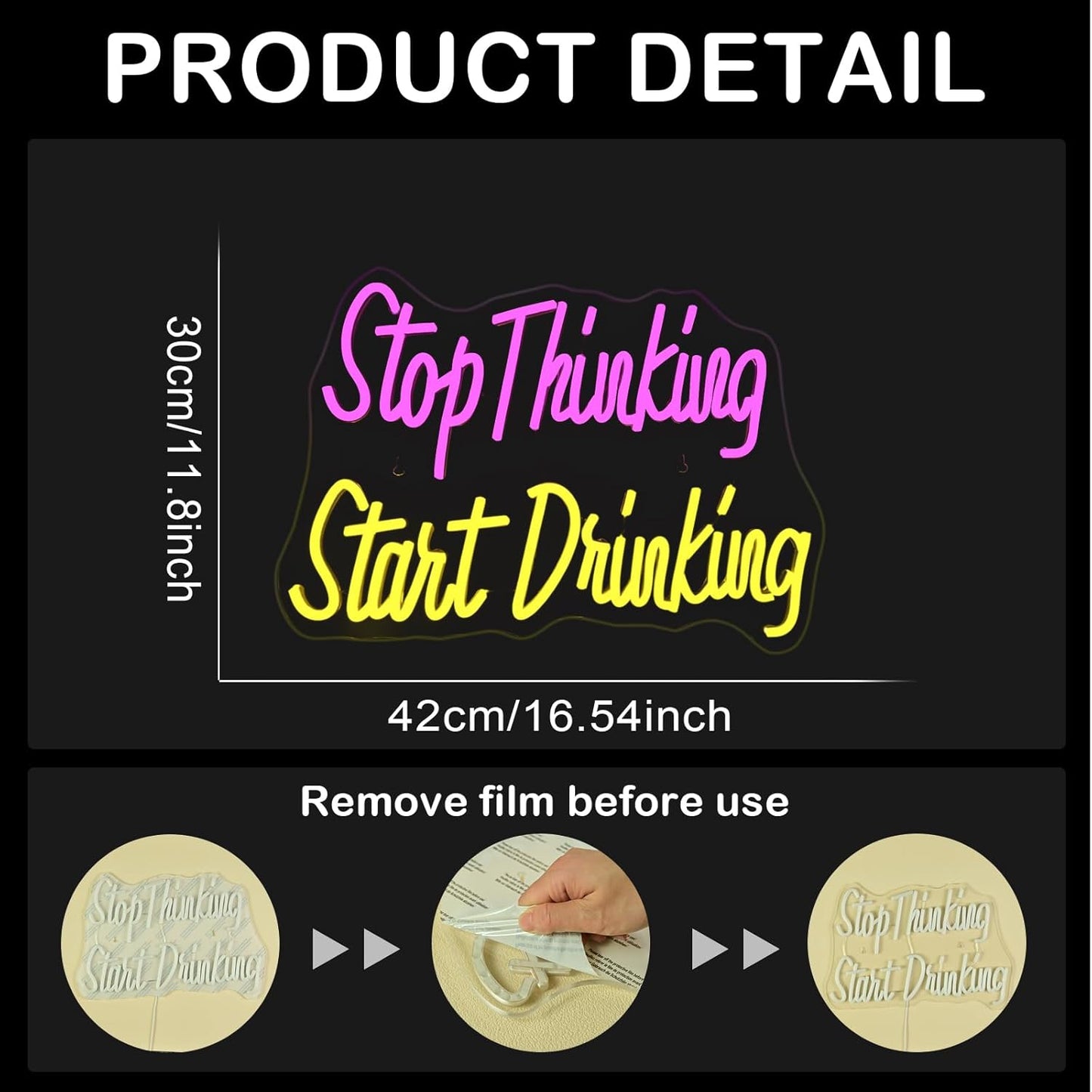 Wanxing LED Neon Sign for Wall Decor, Stop Thinking Start Drinking Neon Light, USB Powered Dimmable, 5V/2A, for Home, Party, Gift, Office, Bedroom, Bar, Man Cave