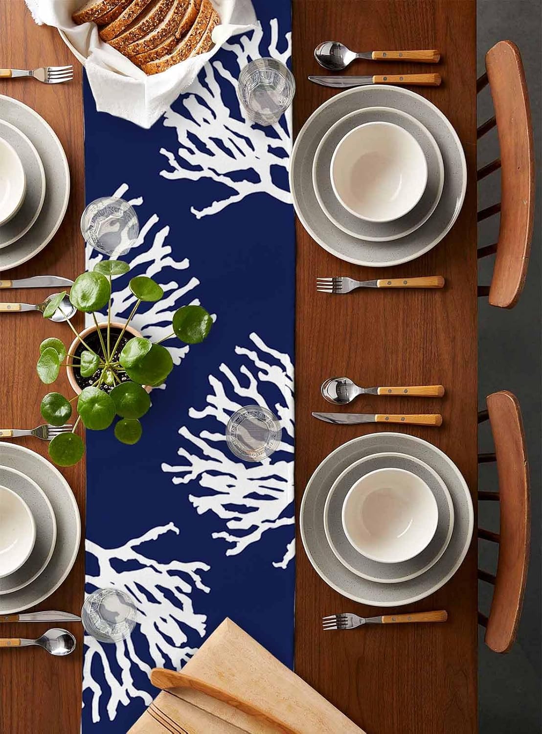 Coastal Coral Cotton Linen Table Runner for Dining Kitchen, Wedding Outdoor Party Tablerunners Decoration, Navy Blue Nautical Ocean Beach Dresser Scarf Coffee Tablecloth Runners 13x60 Inches