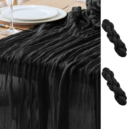 Asee'm 2pcs Cheesecloth Table Runner 120 Inches Long Black Boho Gauze Cheese Cloth Runner 10FT Rustic Sheer Table Runners for Christmas Wedding Party Baby Shower Spring Easter Decoration