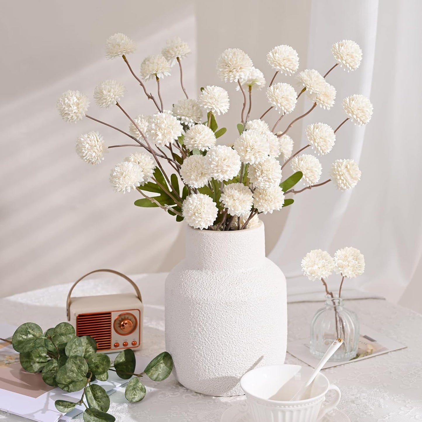 Waipfaru 10pcs Fake Silk Pompon Mum Artificial Flowers, Bulk Faux Mini Chrysanthemums with 2pcs Eucalyptus Stems, for Centerpieces Wedding Fillers Champagne Arrangements Shower Decorations, White