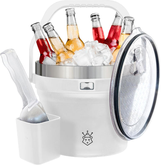 Insulated Ice Bucket with Lid & Scoop-XL Double-Walled, bar Essentials for Entertaining, Holiday Party, Stainless Steel Wine Chiller, Beverage Tub with Handle, Bottle Opener, Great Gift(White)