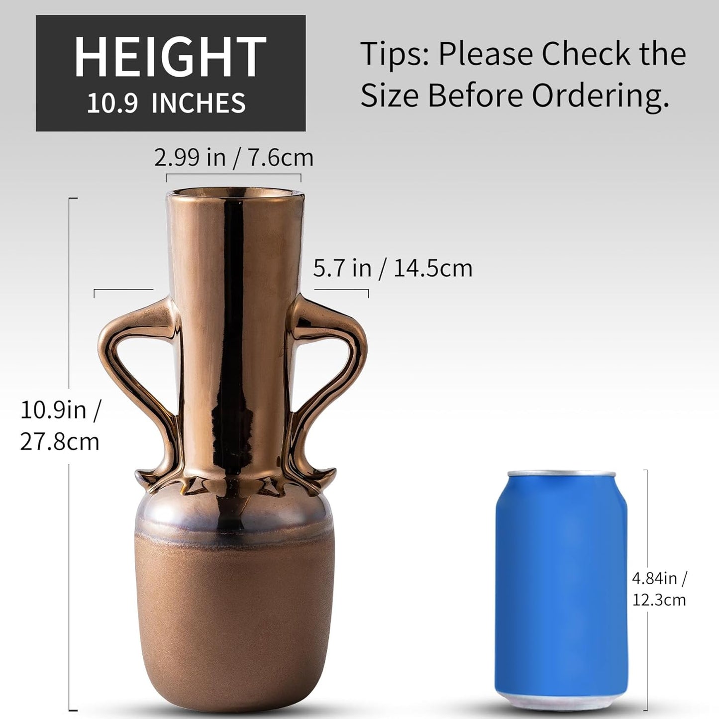 Gold Ceramic Vase with Handles, Brown Rustic Farmhouse Vintage Flower Vases Home Decor, Modern Amber Tall Centerpiece Floral Large Vases for Living Room, Bedroom, Office Metal Glaze Finish 11 Inch