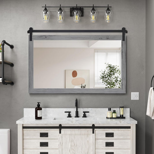 COGOOD Farmhouse Bathroom Mirror - 45 x 30 Rustic Wood Framed Wall Barn Door Mirror for Entryway, Living Room, Entryway Wall Decor (Grey)