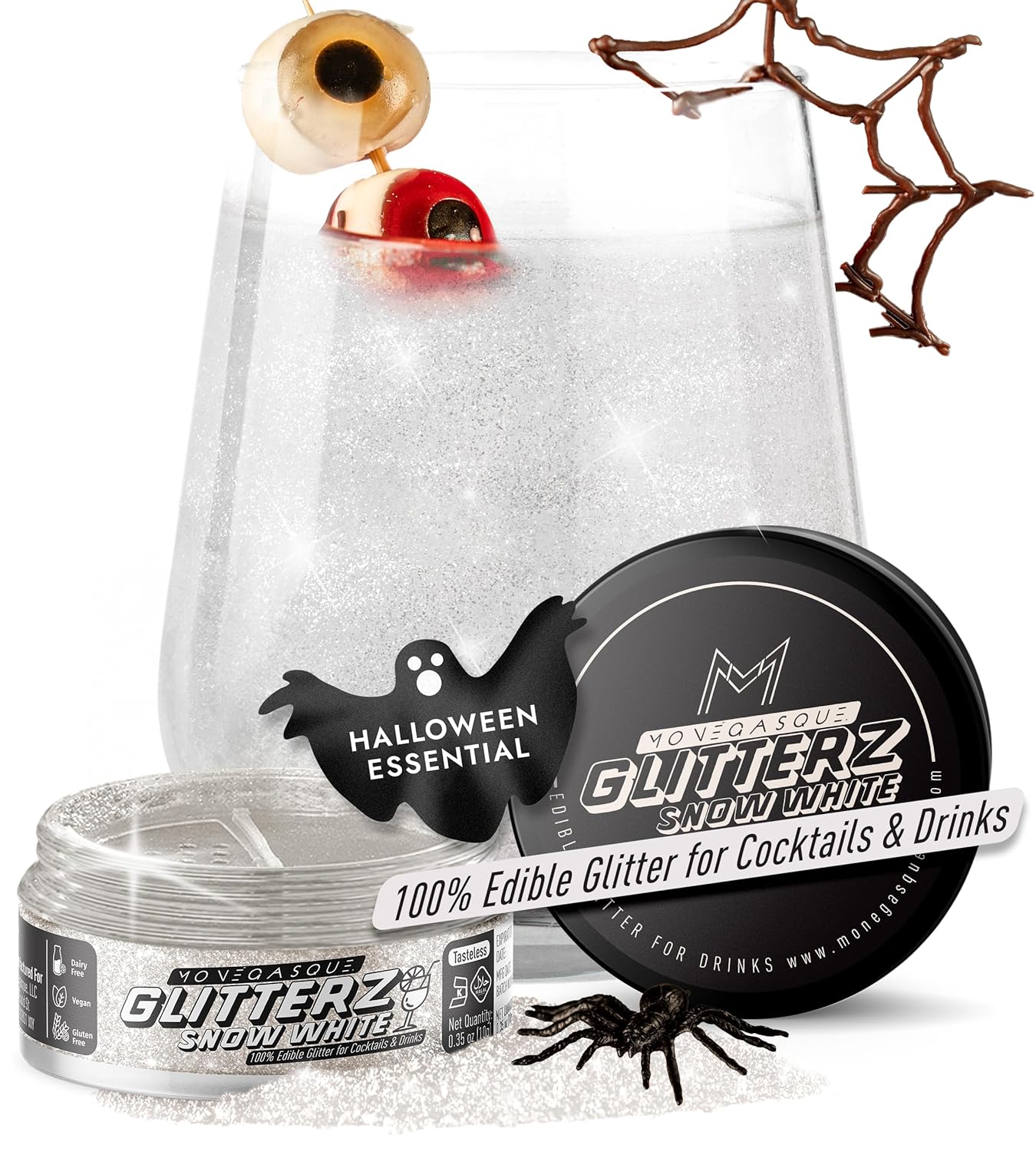 MONÉGASQUE Snow White Edible Glitter for Drinks 10g – White Edible Glitter for Cakes & Halloween Cocktails - Champagne & Cocktail Drink Shimmer - Cake Decorations Spray & Food Decorating Sprinkles