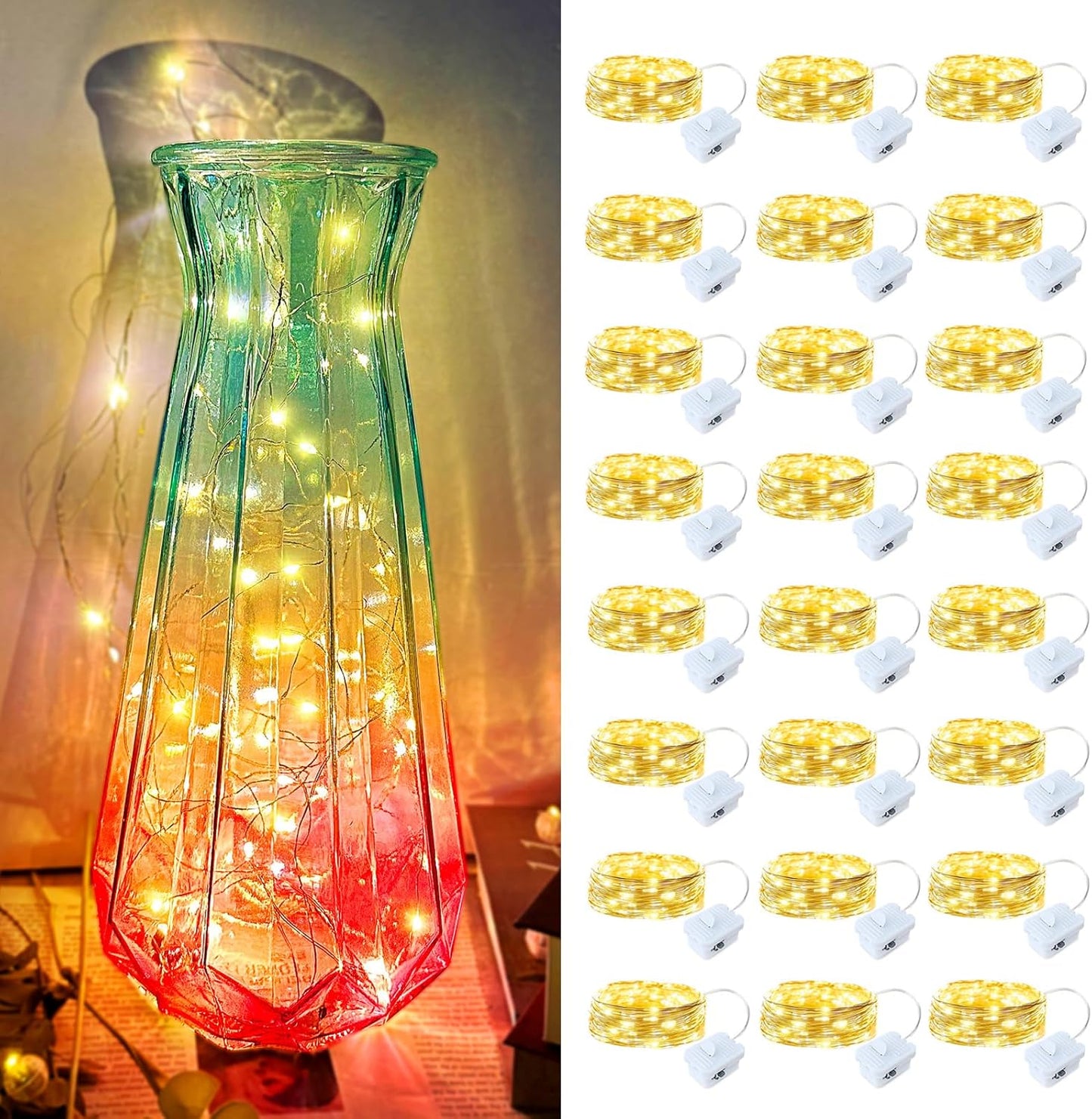 24 Pack Led Fairy Lights - Warm White, Battery Operated LED Silver Wire String Lights, 7FT 20LED Mini Firefly Starry String Lights Waterproof Led Twinkle Lights for Mason Jar DIY Christmas Decor