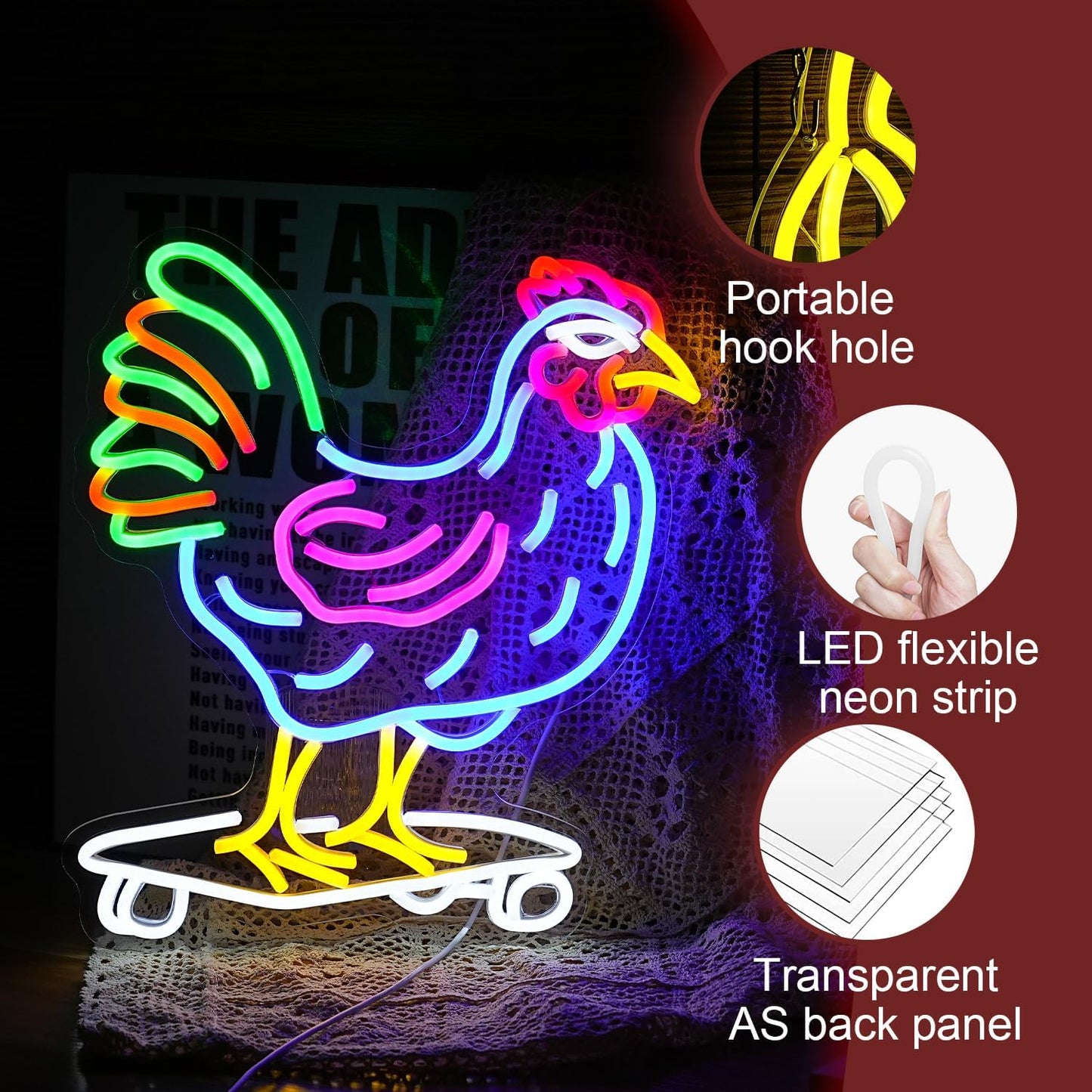 Dimmable Chicken Neon Sign for Wall Decor Funny Skateboarding Rooster LED Neon Light USB Powered Light Up Animal Sign for Bedroom Birthday Party Kids Gifts(16.5 * 13In）