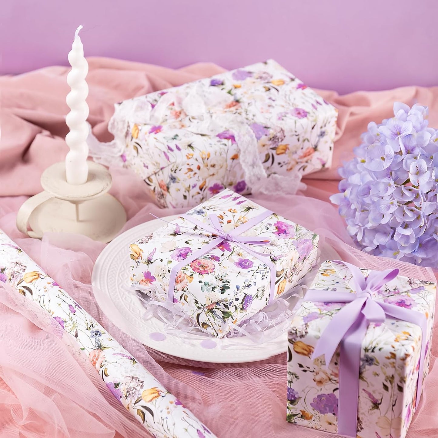 WRAPAHOLIC Kraft Floral Wrapping Paper Roll - Mini Roll - 17 Inch x 16.5 Feet - Garden Wildflower Wrapping Paper Perfect for Girls Women Birthday, Wedding, Bridal Shower