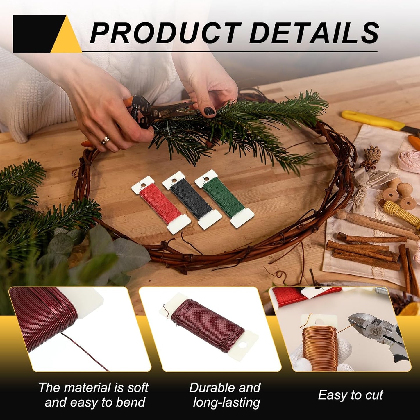 MECCANIXITY 114 Yards/345 Feet Metal Floral Wire 21 Gauge Red Flexible Paddle Thin Floral Wires for Craft, Christmas Wreath, Flower Arrangement, Wedding, Total 3 Roll