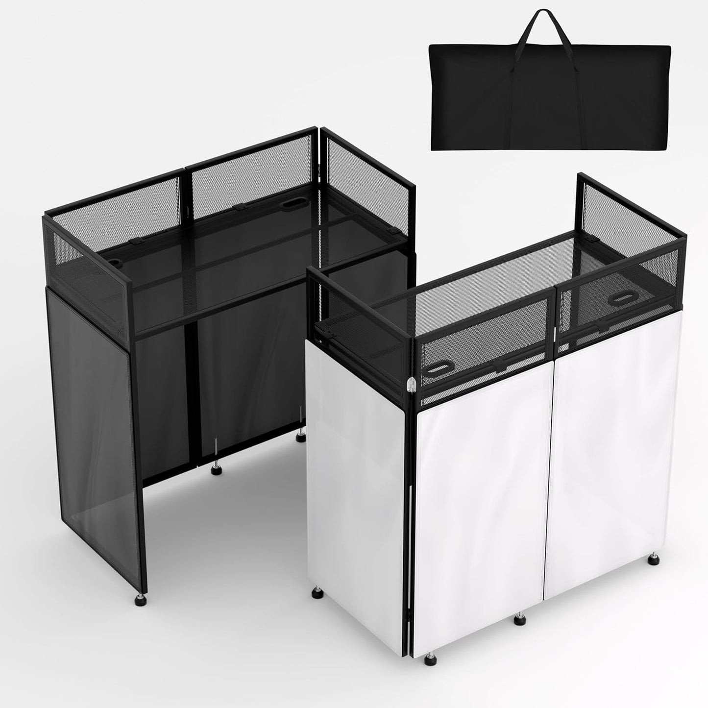 LUCKUP Portable DJ Booth 41"L x 20"W DJ Facade with White & Black Scrim, Foldable DJ Table Station with Adjustable Feet for Party, Black Metal Frame