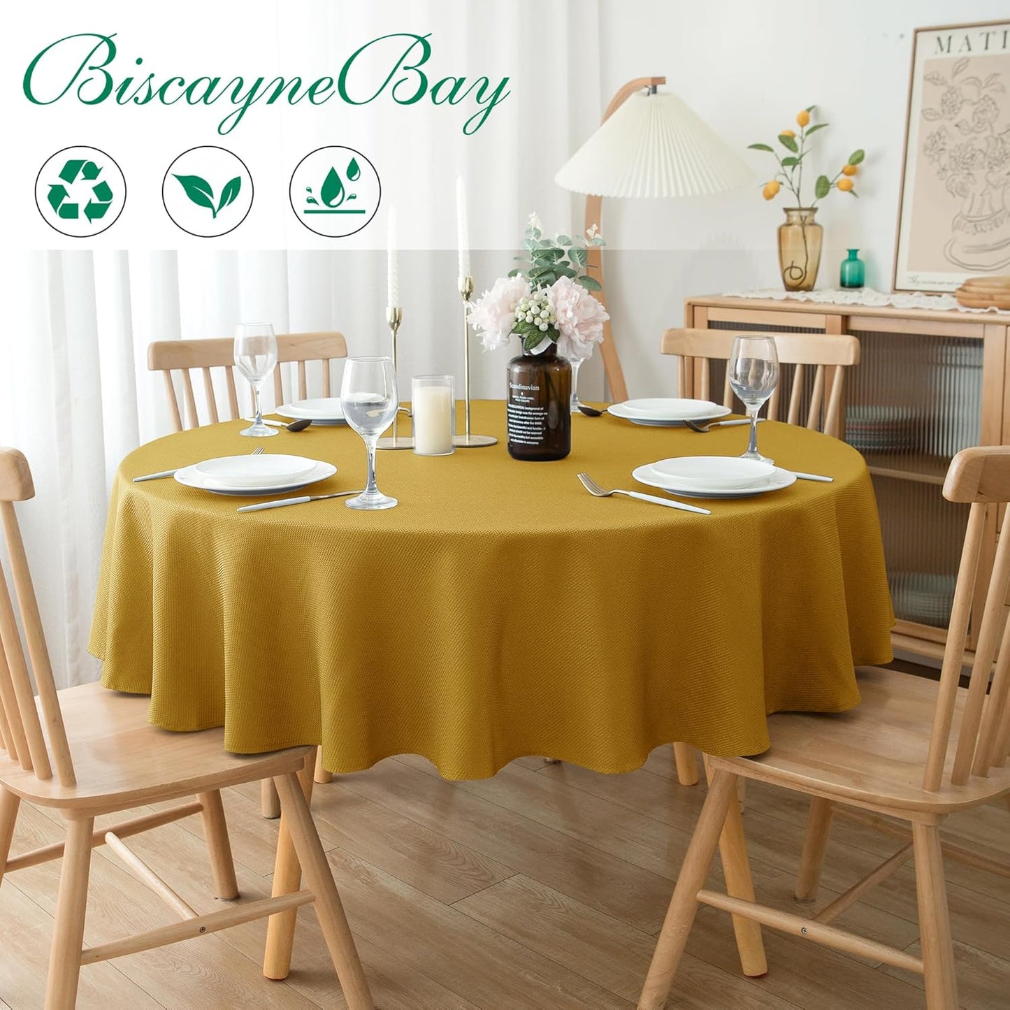 Biscaynebay Textured Fabric Round Christmas Tablecloths 70" for Tables Diameters from 30" to 48", Gold Water Resistant Tablecloths for Dining, Kitchen, Wedding, Parties etc. Machine Washable