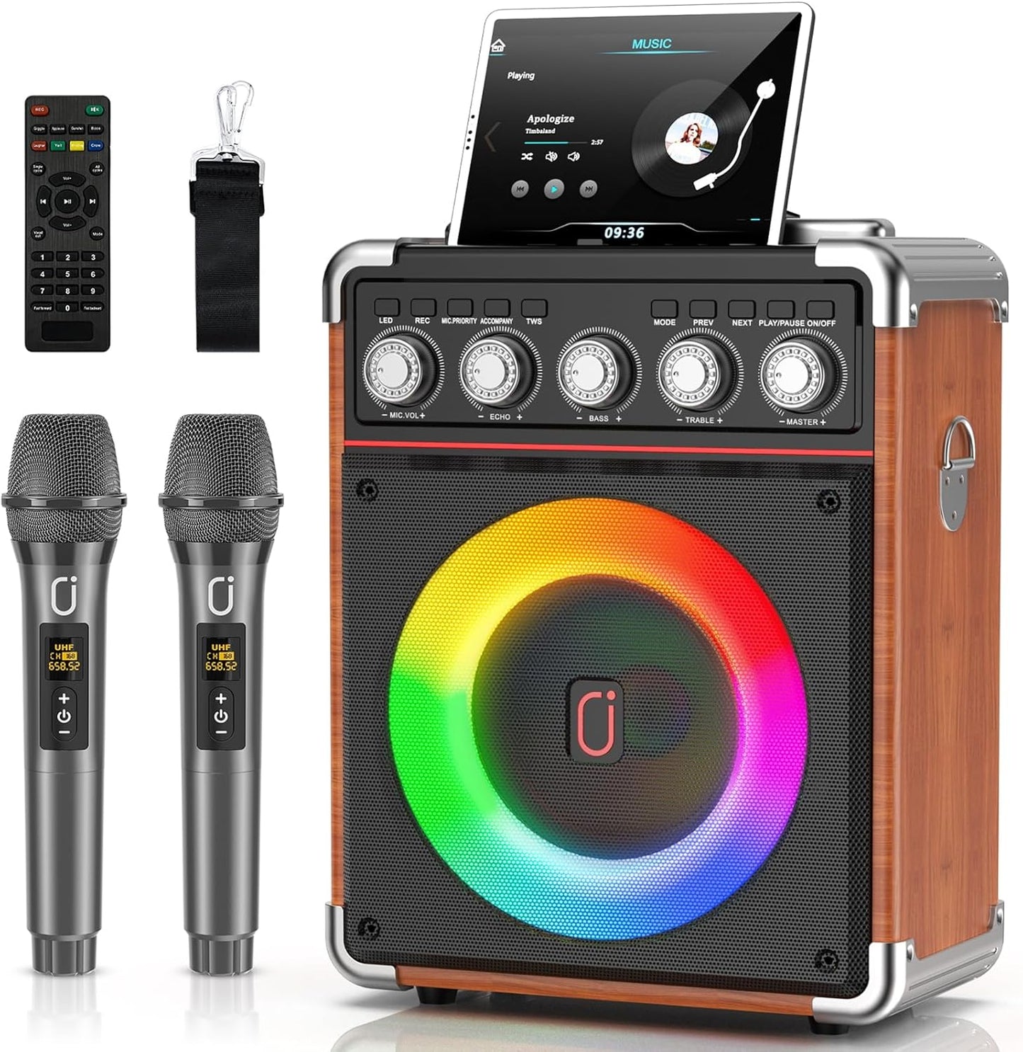 Karaoke Machine for Adults Kids, Bluetooth Speaker with 2 Karaoke Microphones, Bass/Treble Adjustment, Portable PA System with Remote Control/LED Lights for Home Party, Support USB/AUX/REC/TWS