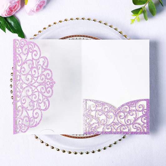 PONATIA 20 PCS Laser Cut Wedding Invitations Pockets with Envelopes for Wedding Party Bridal Shower Engagement Birthday Invite (Purple Glitter)