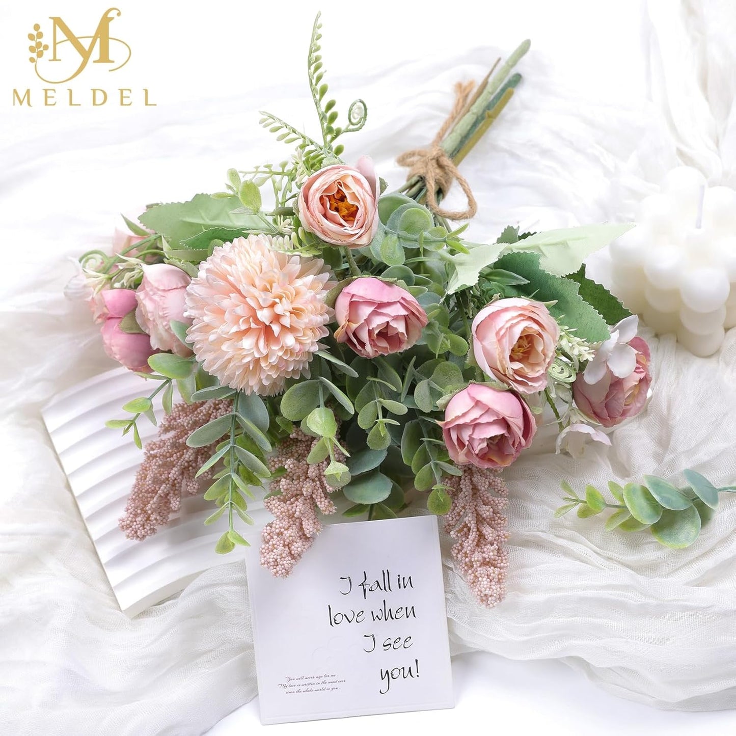 Meldel 3Pcs Rose Bouquet Pink Artificial Flowers Eucalyptus Plants Fake Silk Flower Arrangements Wedding Bouquets Decorations Plastic Floral Table Centerpieces for Home Kitchen Garden Party Decor