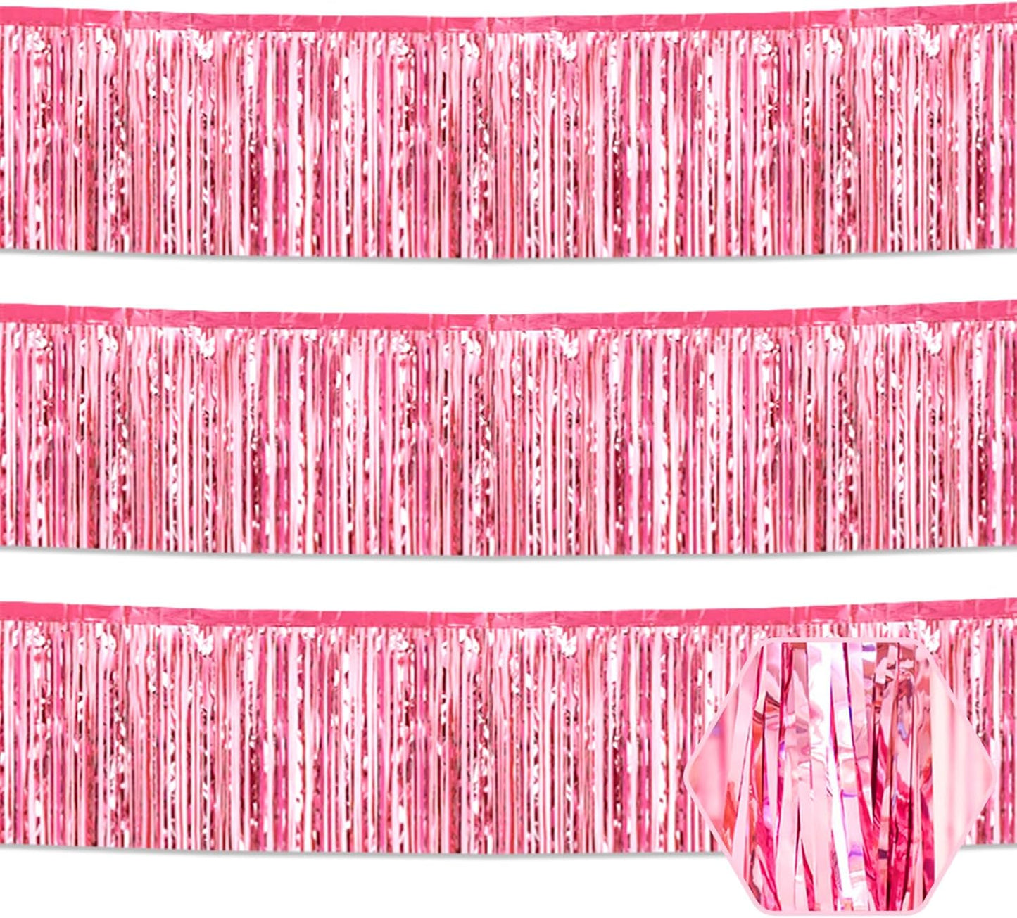 3 Pack 10 Feet Pink Foil Fringe Garland Metallic Tinsel Streamers Banner Wall Hanging Curtain Backdrop for Parade Floats, Christmas Day, Valentine's Day, Thanksgiving, Birthday Party Decorations