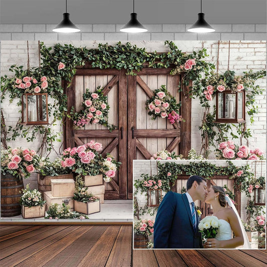 12x10ft Country Wedding Photography Backdrop Floral Rustic Roses Farmhouse Wooden Door Backdrop Pink Flower Birthday Baby Shower Wedding Bridal Party Banner Photo Booth Props Anniversary Background