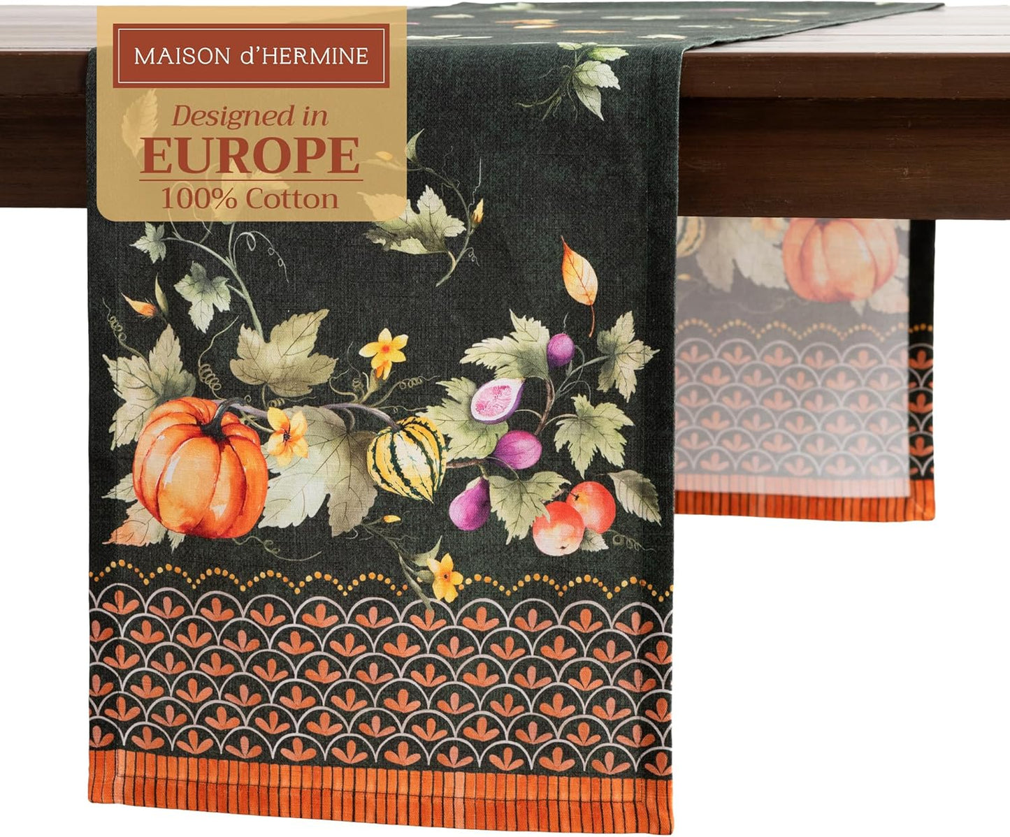 Maison d' Hermine Table Runner 100% Cotton Single Layer Table Runners 108 inches Long for Thanksgiving Christmas Decorations Home Kitchen Dining Wedding (Pumpkin Garden - Dark Green, 14.5" x 108")