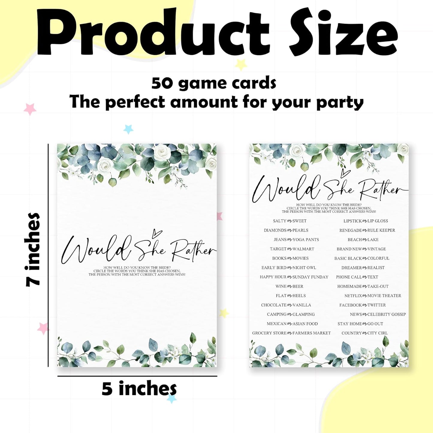He Said She Said - Botanical Bridal Shower Game Cards - 50 Pcs Eucalyptus Leaves Game Cards - Funny Wedding Party Games for Bride & Groom - Activities for Bachelorette Party - A03
