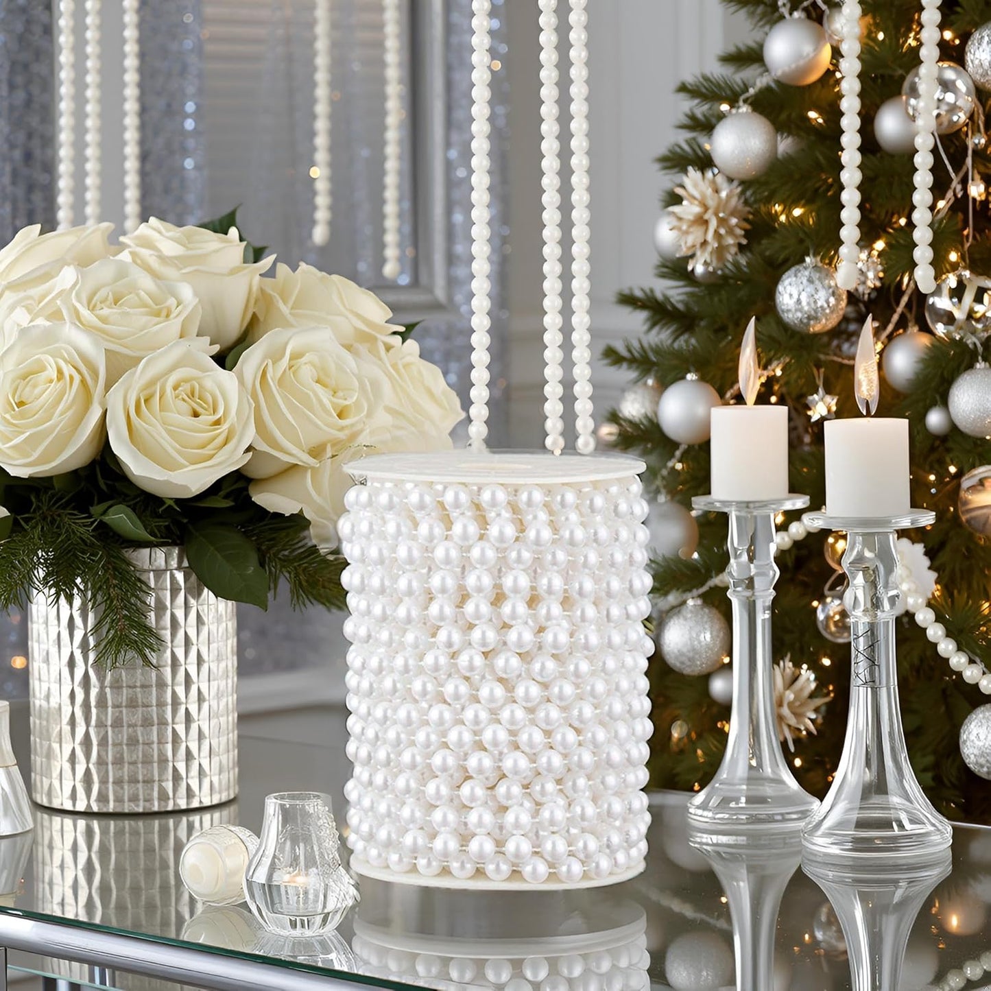 48 Feet Faux Pearl Beads Garland 8mm Craft String Pearls for Wedding Centerpiece Christmas Tree and Flowers Decoration DIY (White)