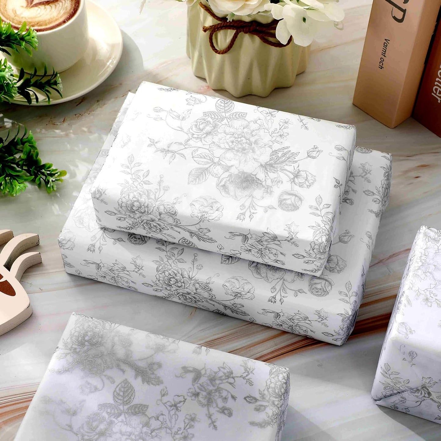 JarThenaAMCS 100 Sheets Floral Tissue Paper Silver Flower Gift Wrapping Paper Vintage Decorative Art Paper for Home Party DIY Crafts Supplies, 14 x 20 Inch