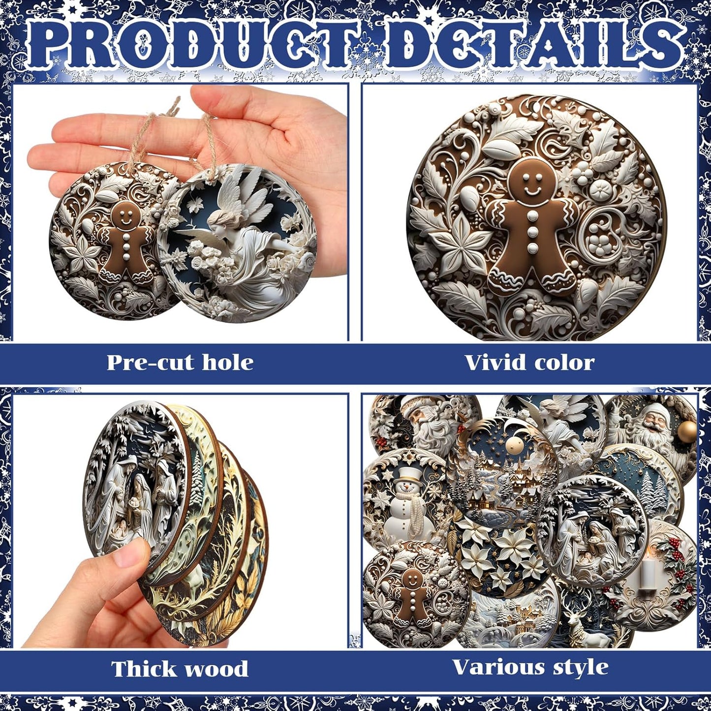 Suzile 36 Pcs Christmas Wooden Ornaments Vintage Christmas Decoration White Sculpture Hanging Decor Retro Round Santa Claus Snowman Tree Decoration for Farmhouse Xmas Home Wreaths Winter Party